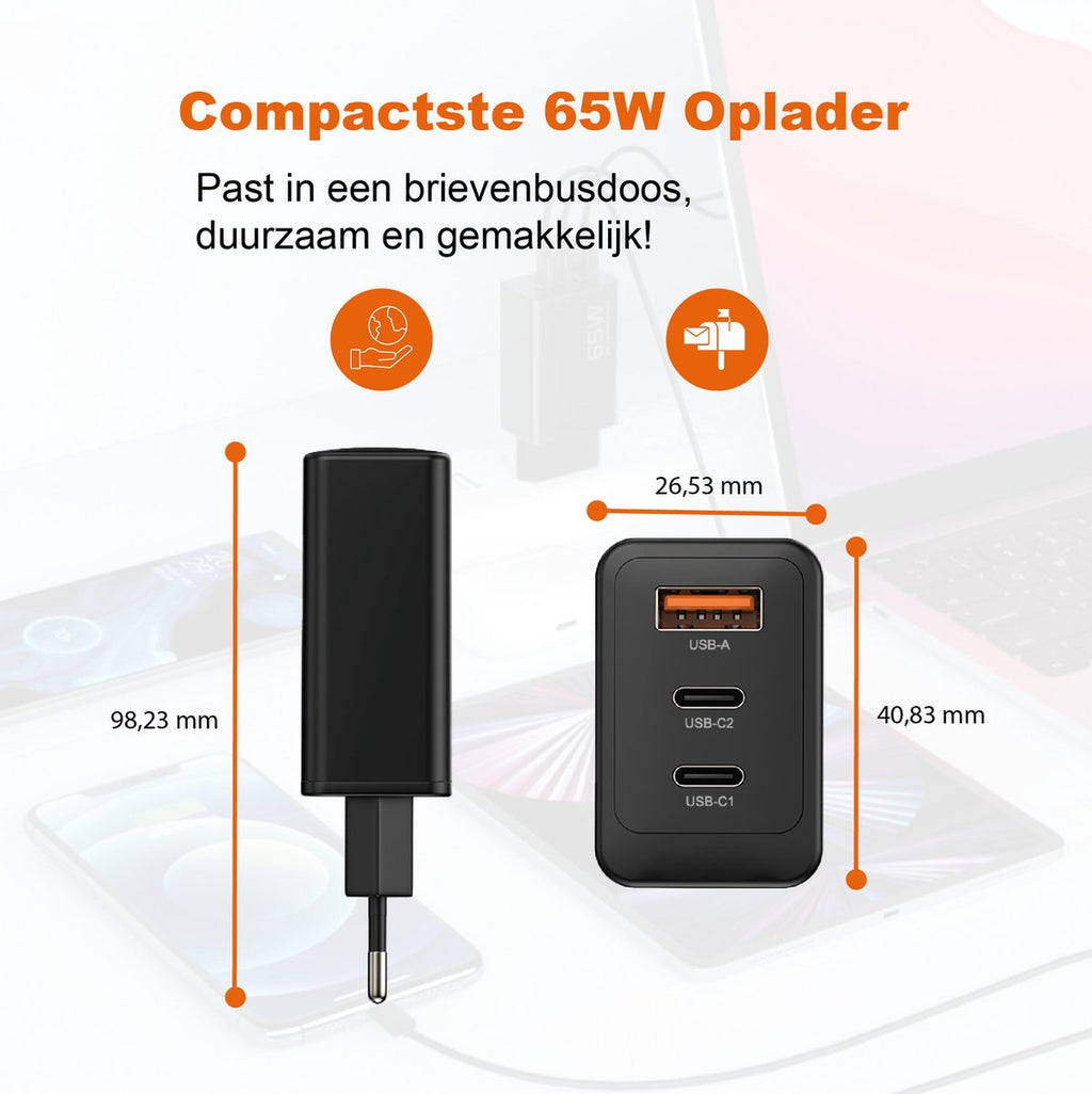 Voltière 65W Snellader - USB-C/ USB-A Oplader geschikt voor iPhone, Android, Macbook & Laptops - 2x USB-C & 1x USB-A 3.0 Adapter