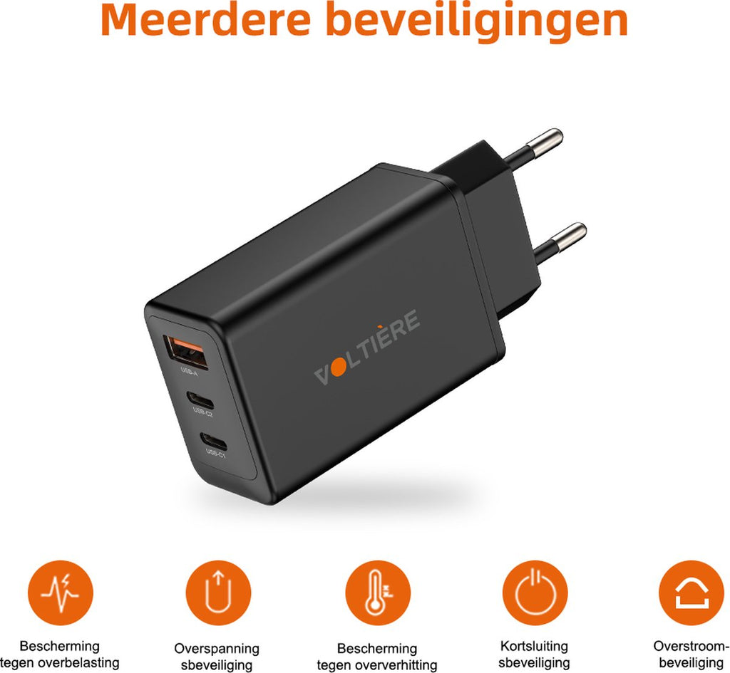 Voltière 65W Snellader - USB-C/ USB-A Oplader geschikt voor iPhone, Android, Macbook & Laptops - 2x USB-C & 1x USB-A 3.0 Adapter