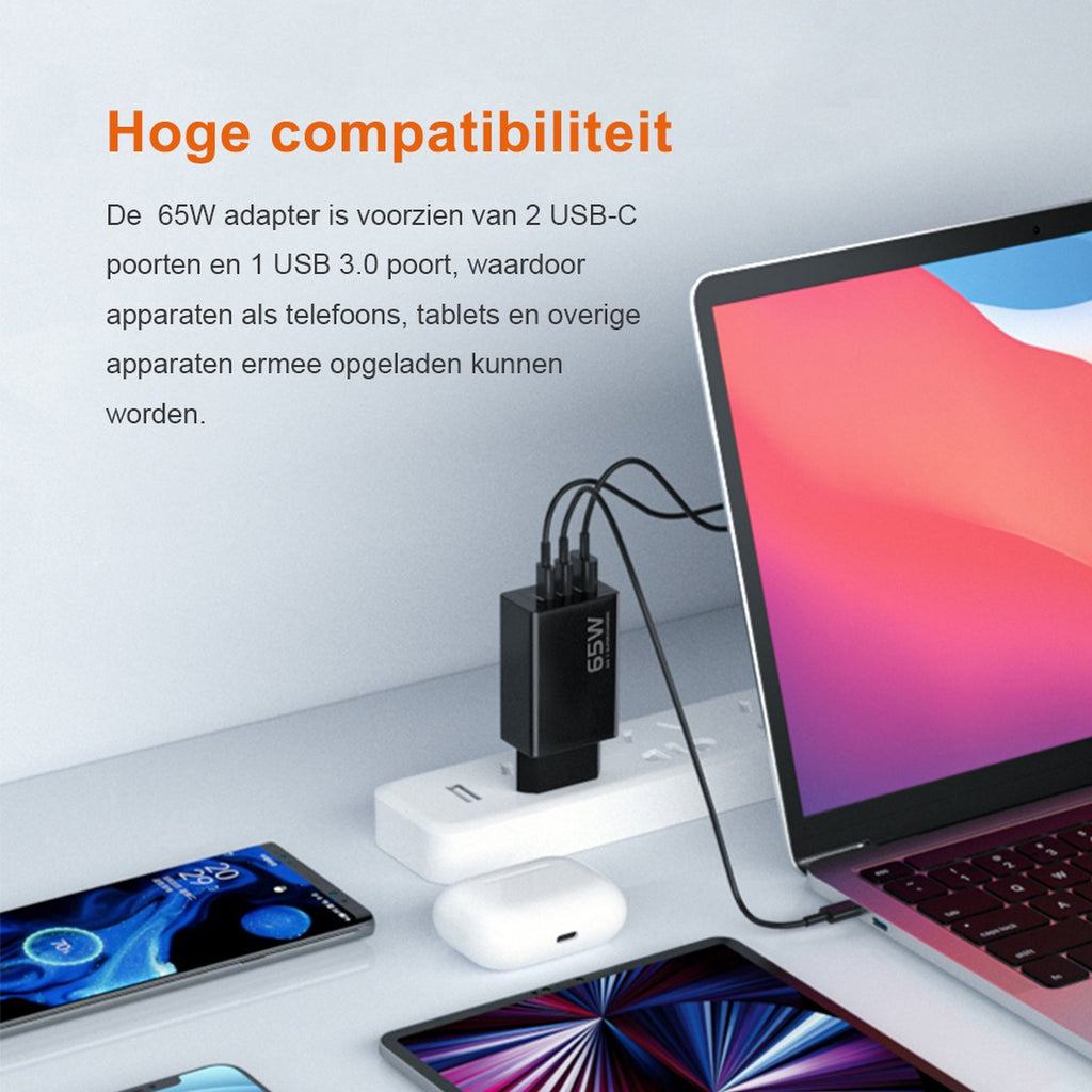 Voltière 65W Snellader - USB-C/ USB-A Oplader geschikt voor iPhone, Android, Macbook & Laptops - 2x USB-C & 1x USB-A 3.0 Adapter