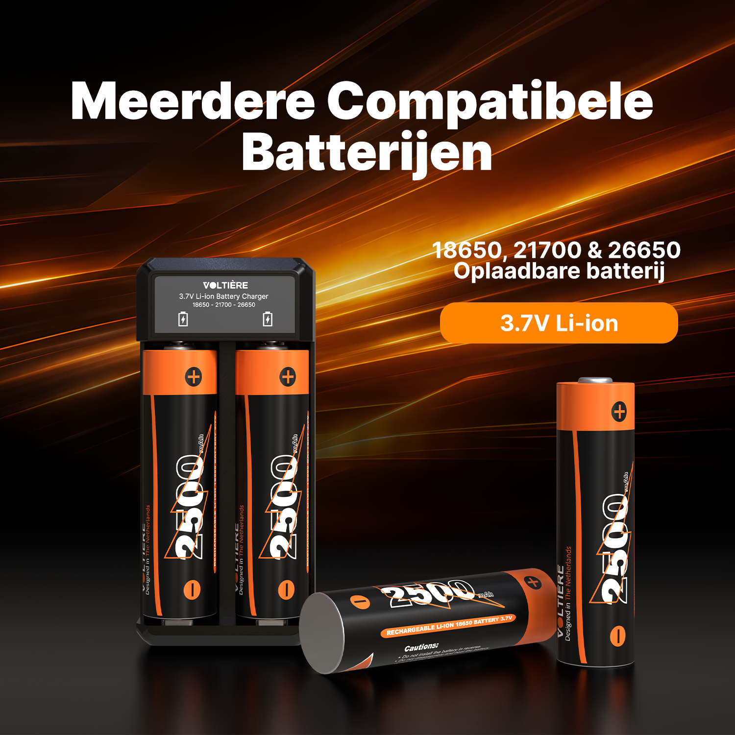 Voltière 2-Pack 18650 Oplaadbare Batterij + 2-Poorts Batterij Oplader 3.7V - CR18650 3,7V Li-ion 2500mAh - Button Top