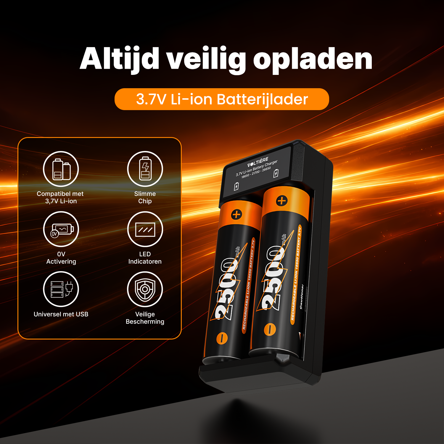 Voltière 2-Pack 18650 Oplaadbare Batterij + 2-Poorts Batterij Oplader 3.7V - CR18650 3,7V Li-ion 2500mAh - Button Top