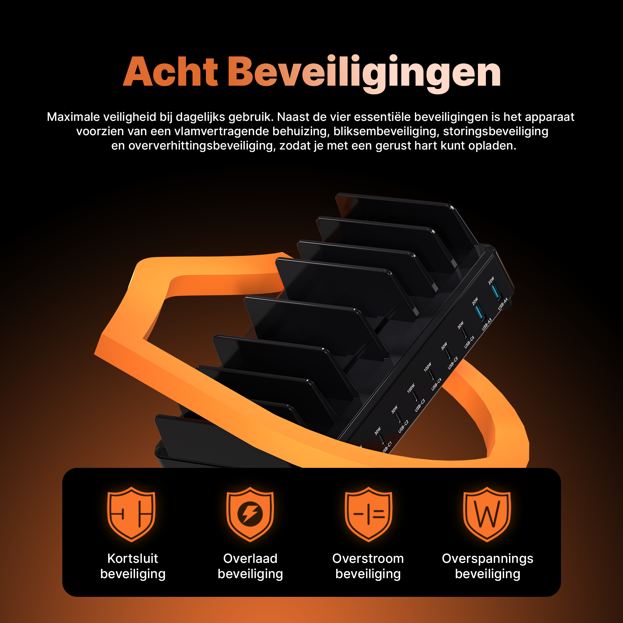 Voltière Oplaadstation 10 Poorten - 240W USB A en C Snellader voor Telefoon, Tablet & Laptop - Docking Station Bureau