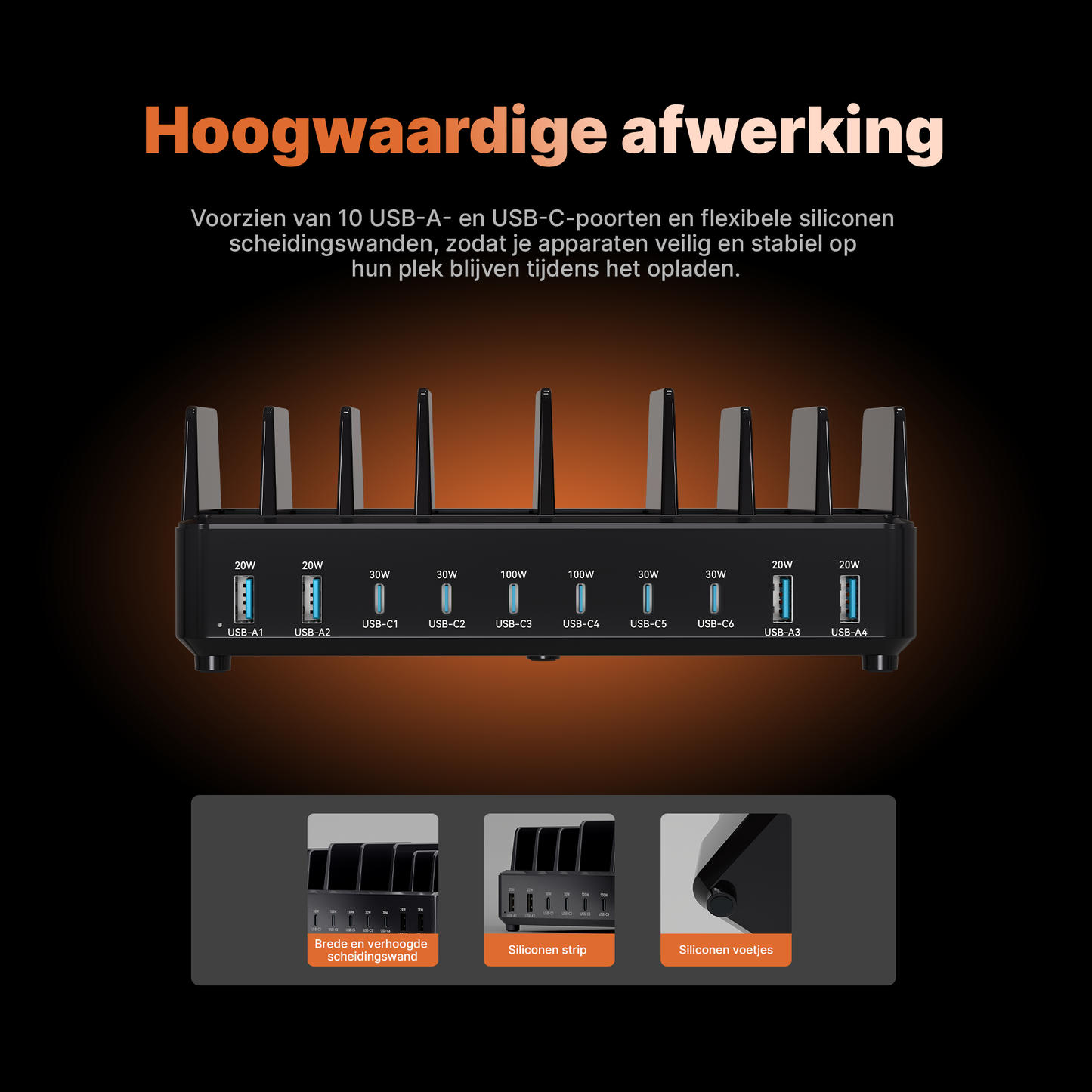 Voltière Oplaadstation 10 Poorten - 240W USB A en C Snellader voor Telefoon, Tablet & Laptop - Docking Station Bureau