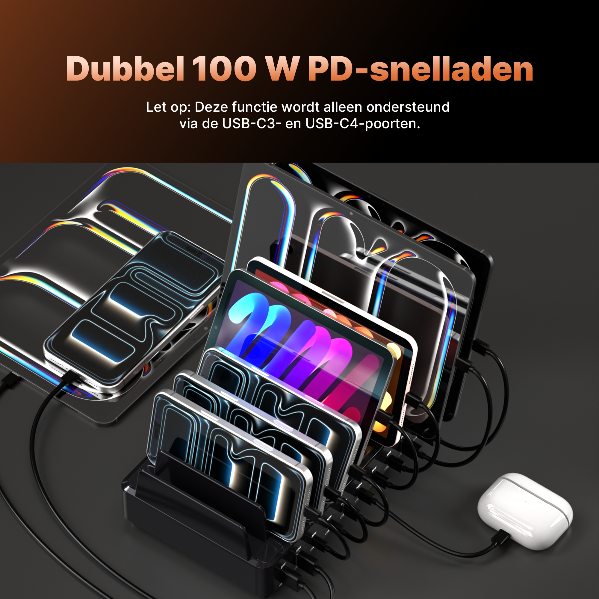 Voltière Oplaadstation 10 Poorten - 240W USB A en C Snellader voor Telefoon, Tablet & Laptop - Docking Station Bureau