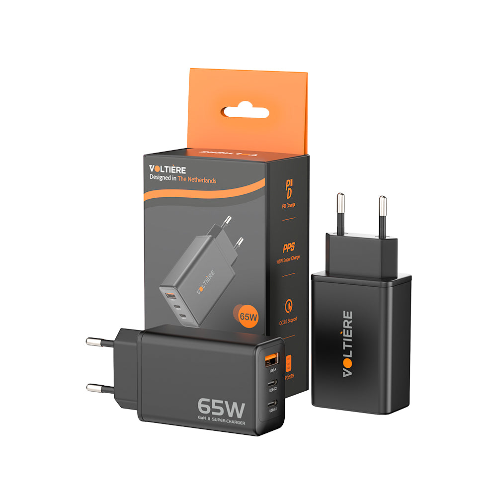 Voltière 65W Snellader - USB-C/ USB-A Oplader geschikt voor iPhone, Android, Macbook & Laptops - 2x USB-C & 1x USB-A 3.0 Adapter