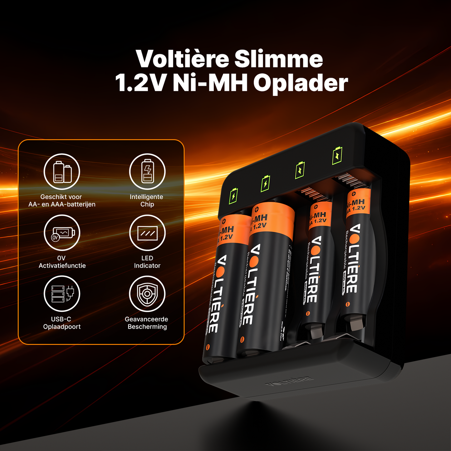 Voltière Batterij Oplader 1.2V - Voor 4 AA/AAA Ni-Mh 1.2V Batterijen - LCD Display - Universele Batterijlader voor Oplaadbare Batterijen