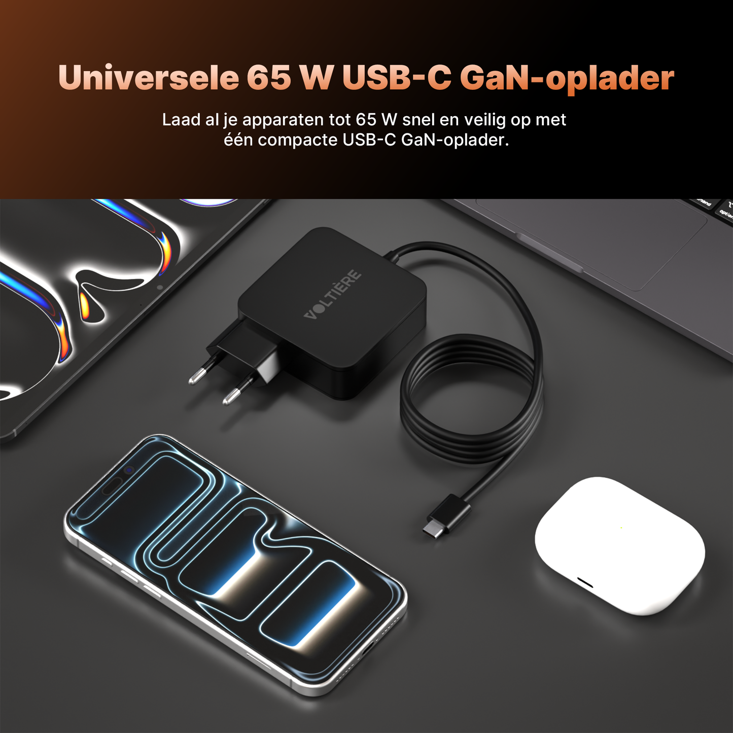 Voltière Universele Laptop oplader USB-C 65W - Geschikt voor Lenovo Dell HP Asus Acer Apple Samsung