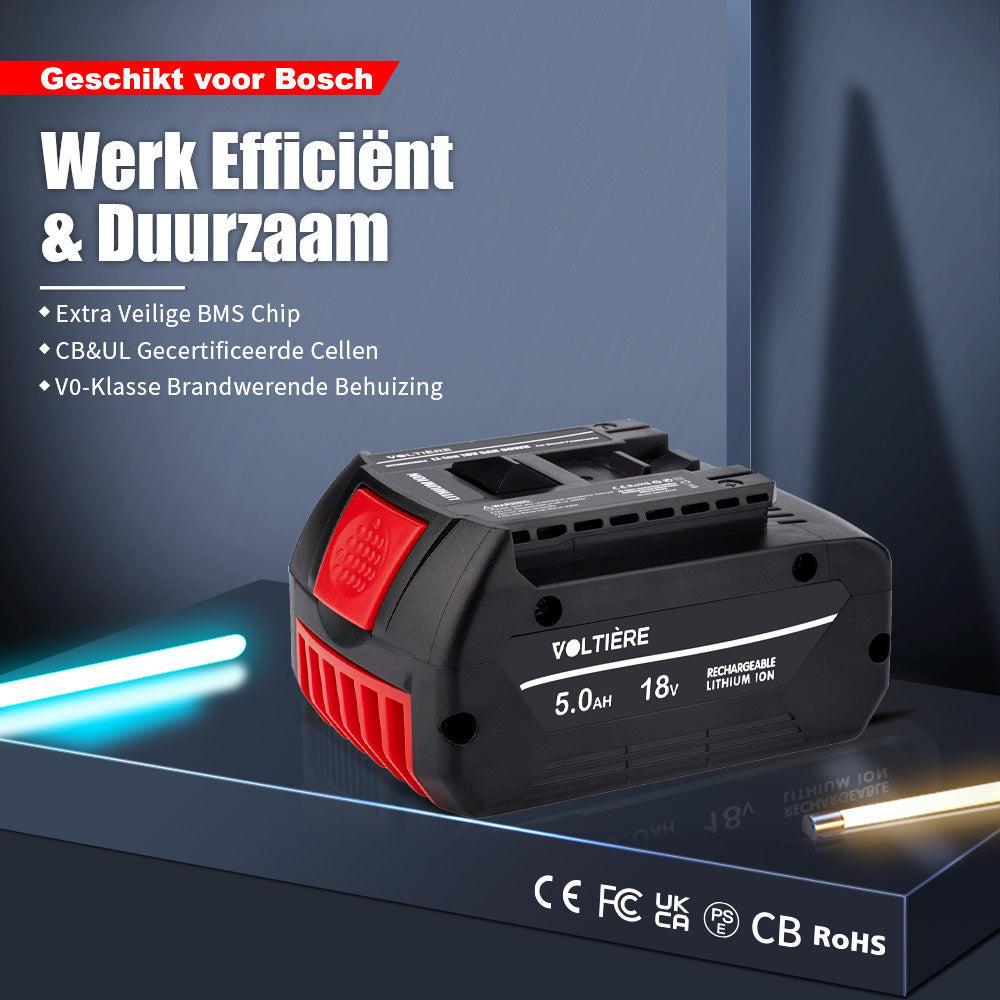 Voltière 5 ah Accu Geschikt voor 18v Bosch Professional Apparatuur - 5000 mAh - GBA Series