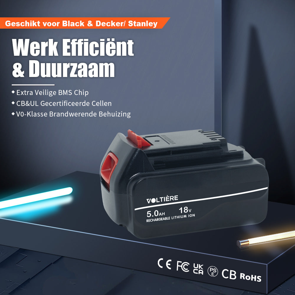 Voltière 5 ah Accu Geschikt voor 18v Black & Decker/ Stanley Apparatuur - 5000 mAh - BL5018-XJ Series