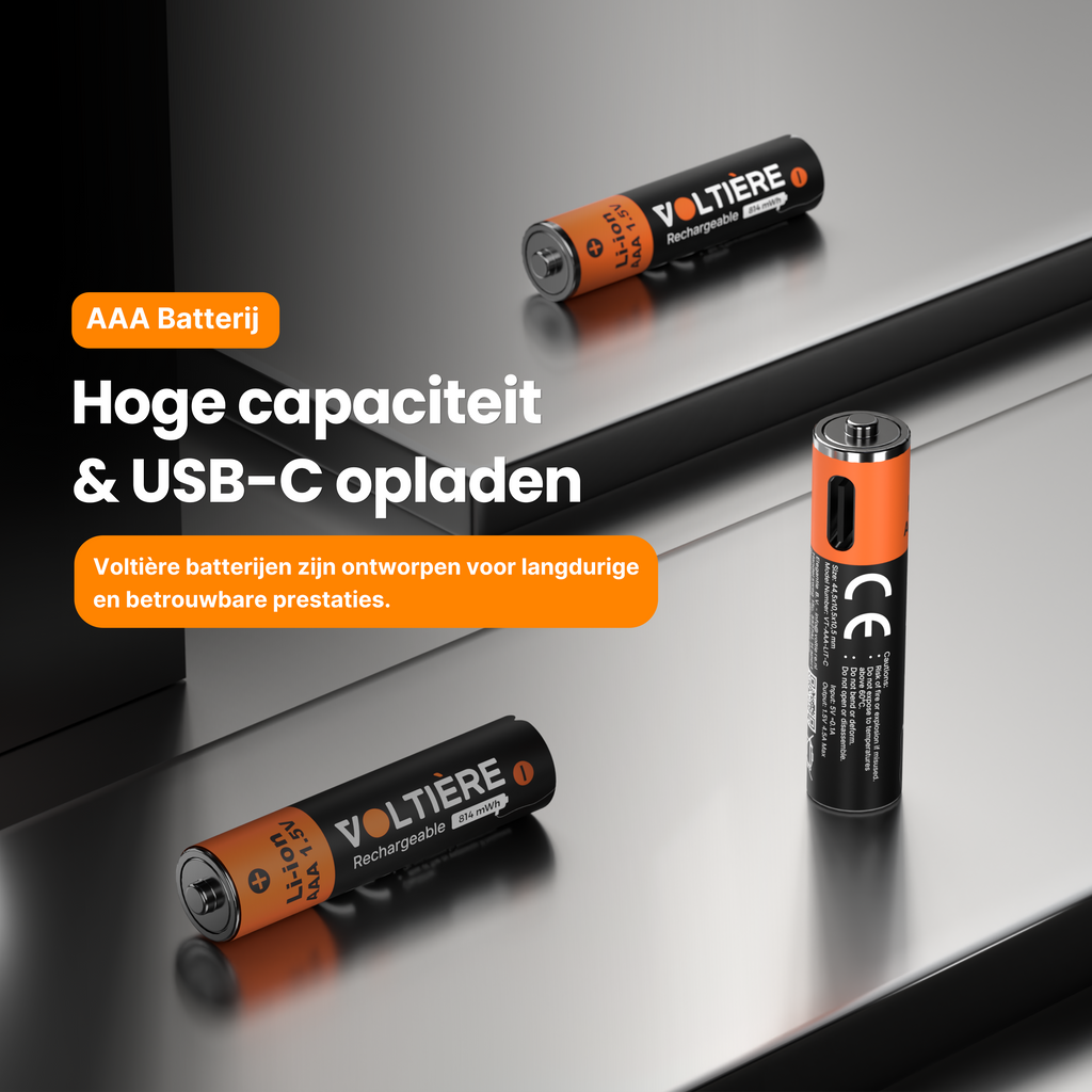 Voltière 4-Pack Oplaadbare Batterijen AAA - 814 mWH AAA Batterij met 2in1 Oplaadkabel - Li-ion USB C Batterijen