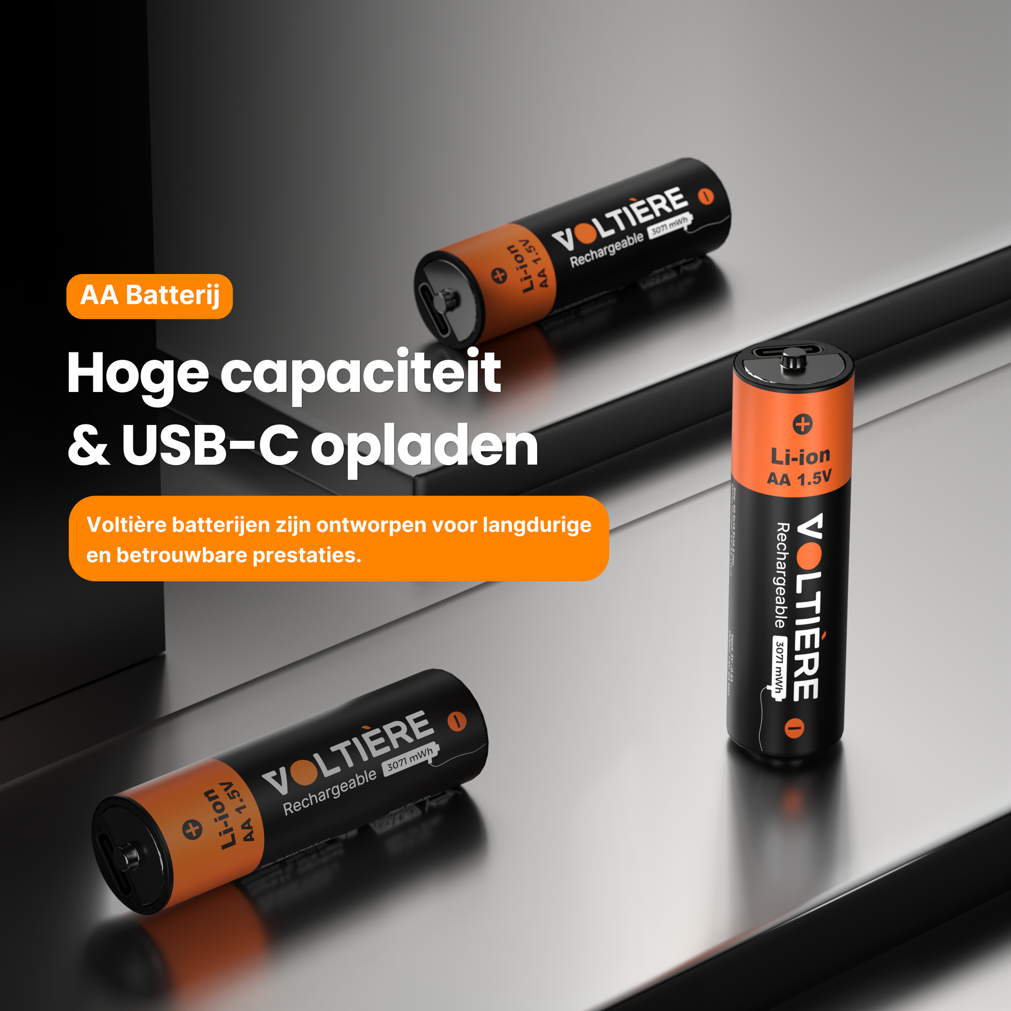 Voltière 4-Pack Oplaadbare Batterijen AA - 3071 mWH AA Batterij met 2in1 Oplaadkabel - Li-ion USB C Batterijen