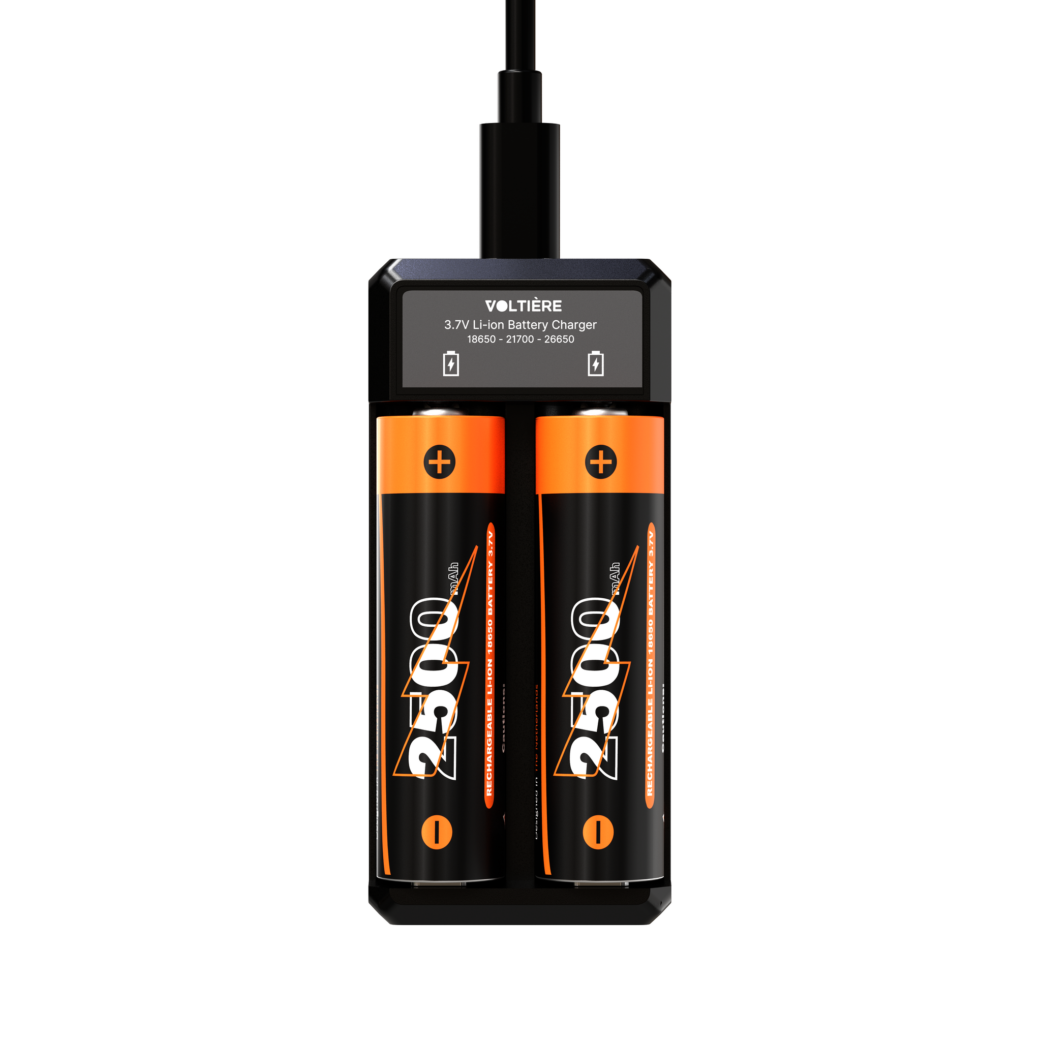 Voltière 2-Pack 18650 Oplaadbare Batterij + 2-Poorts Batterij Oplader 3.7V - CR18650 3,7V Li-ion 2500mAh - Button Top