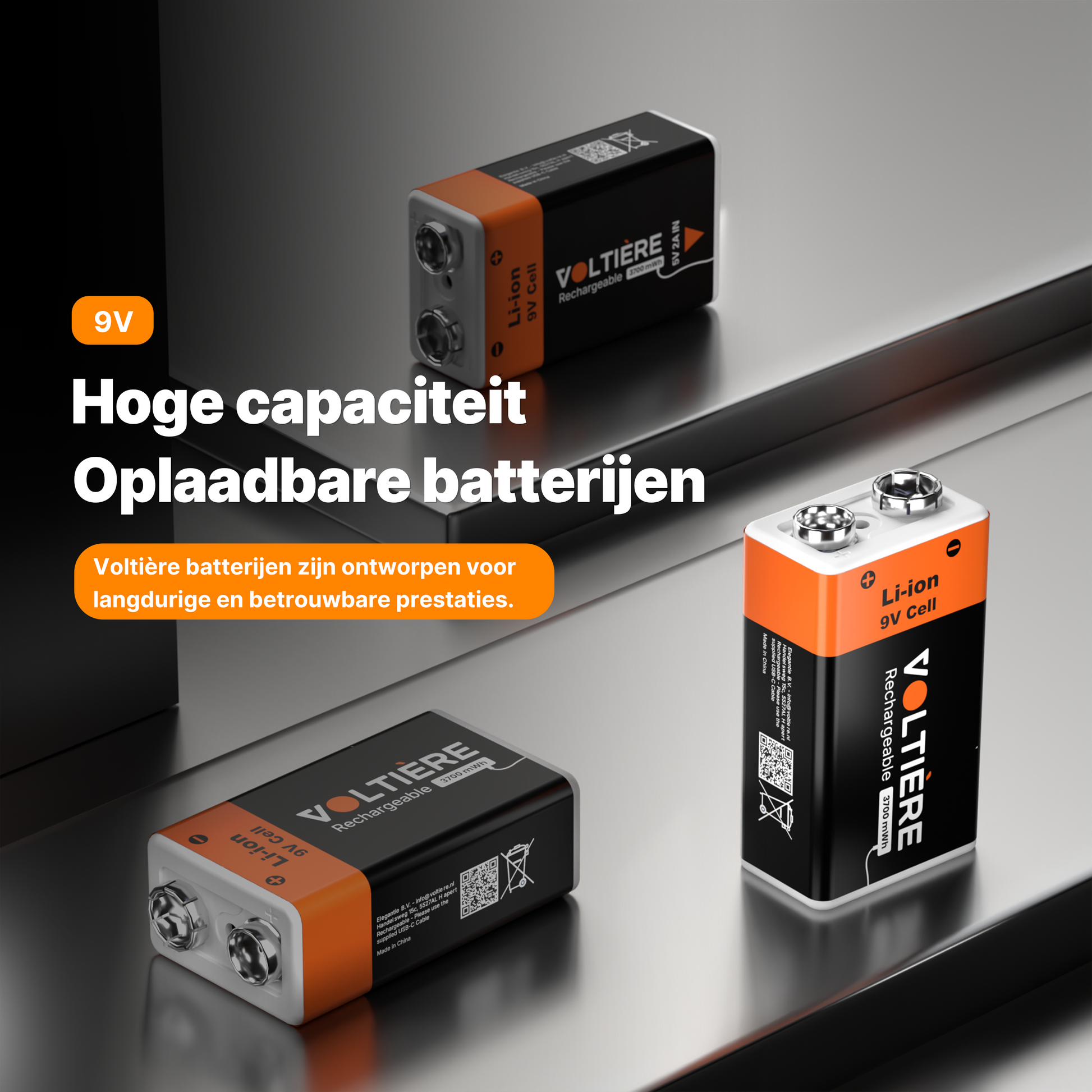 Voltière 2-Pack Oplaadbare Batterijen 9V - 3700 mWH 9 Volt Batterij met 2in1 Oplaadkabel - Li-ion USB C Batterijen