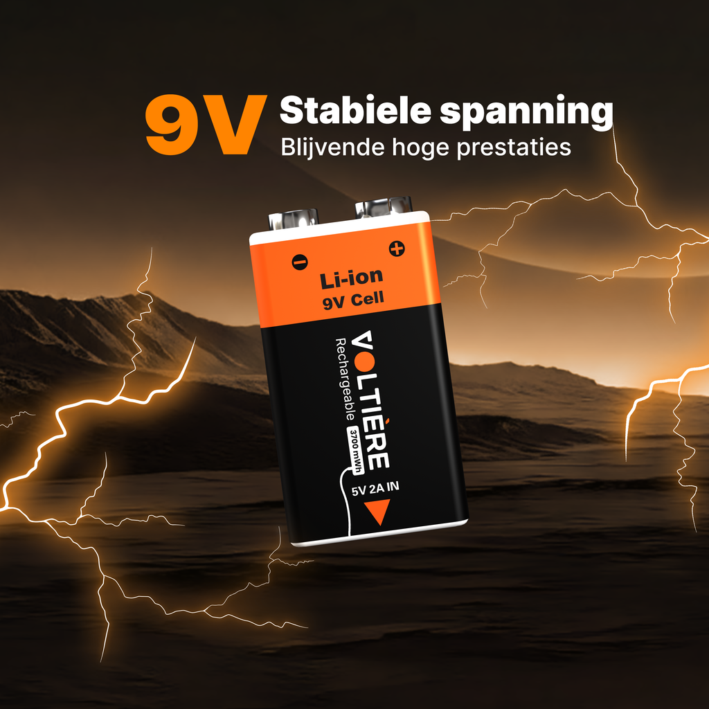 Voltière 2-Pack Oplaadbare Batterijen 9V - 3700 mWH 9 Volt Batterij met 2in1 Oplaadkabel - Li-ion USB C Batterijen