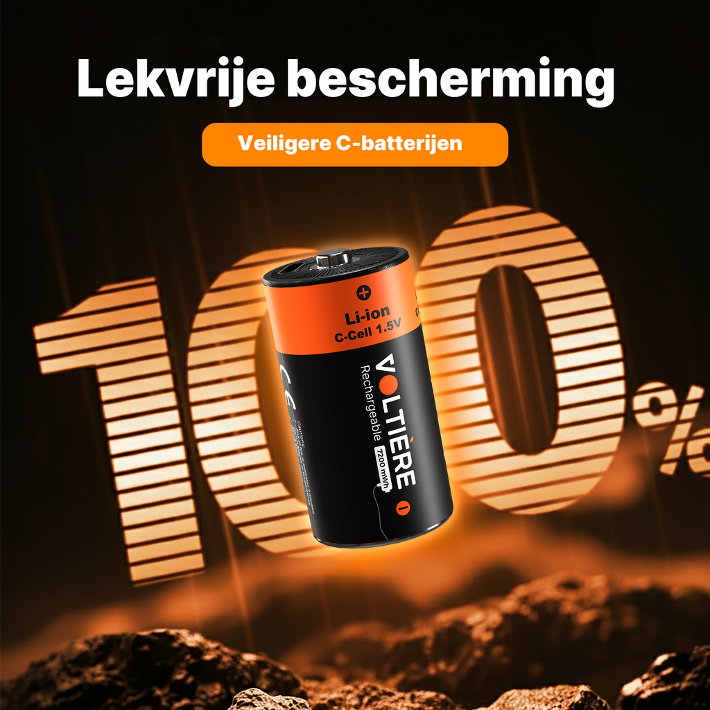 Voltière 2-Pack Oplaadbare Batterijen C - 7200 mWH C Batterij met 2in1 Oplaadkabel - Li-ion USB C Batterijen