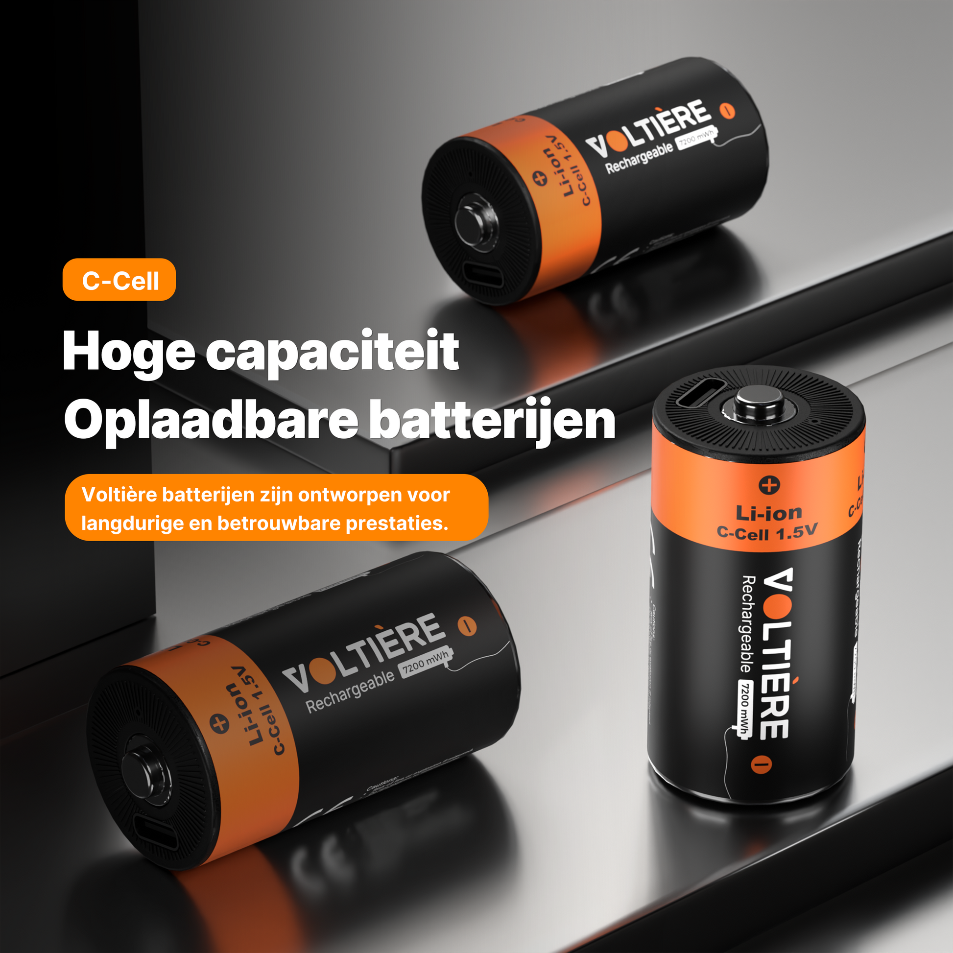 Voltière 2-Pack Oplaadbare Batterijen C - 7200 mWH C Batterij met 2in1 Oplaadkabel - Li-ion USB C Batterijen