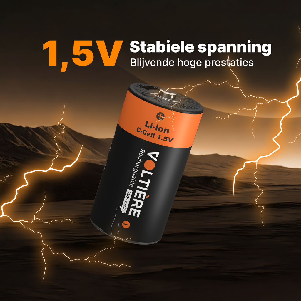 Voltière 2-Pack Oplaadbare Batterijen C - 7200 mWH C Batterij met 2in1 Oplaadkabel - Li-ion USB C Batterijen