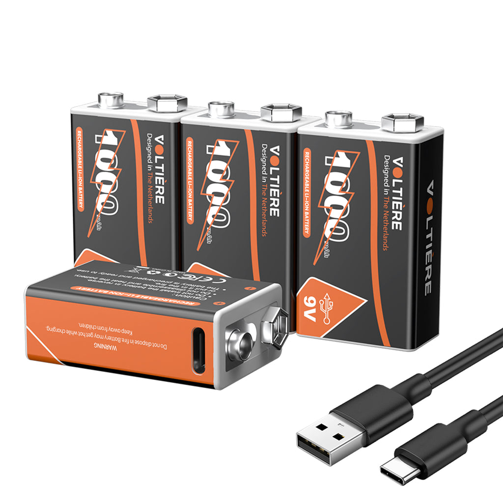 Voltière 4-Pack 9v Batterijen met USB C Oplaadpoort - 1000 mAh 9 Volt USB Batterij