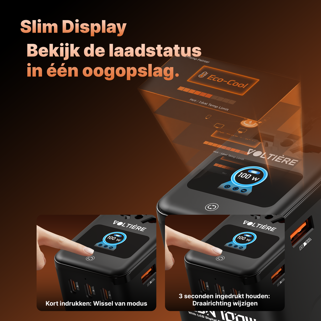 Voltière Wereldstekker 100W met Smart Display - Universele reisstekker voor 200+ Landen - Snellader voor Laptop & Telefoon - Reisstekker Wereld: Amerika (USA), Engeland (UK), Australië (AUS) & Europa (EU)