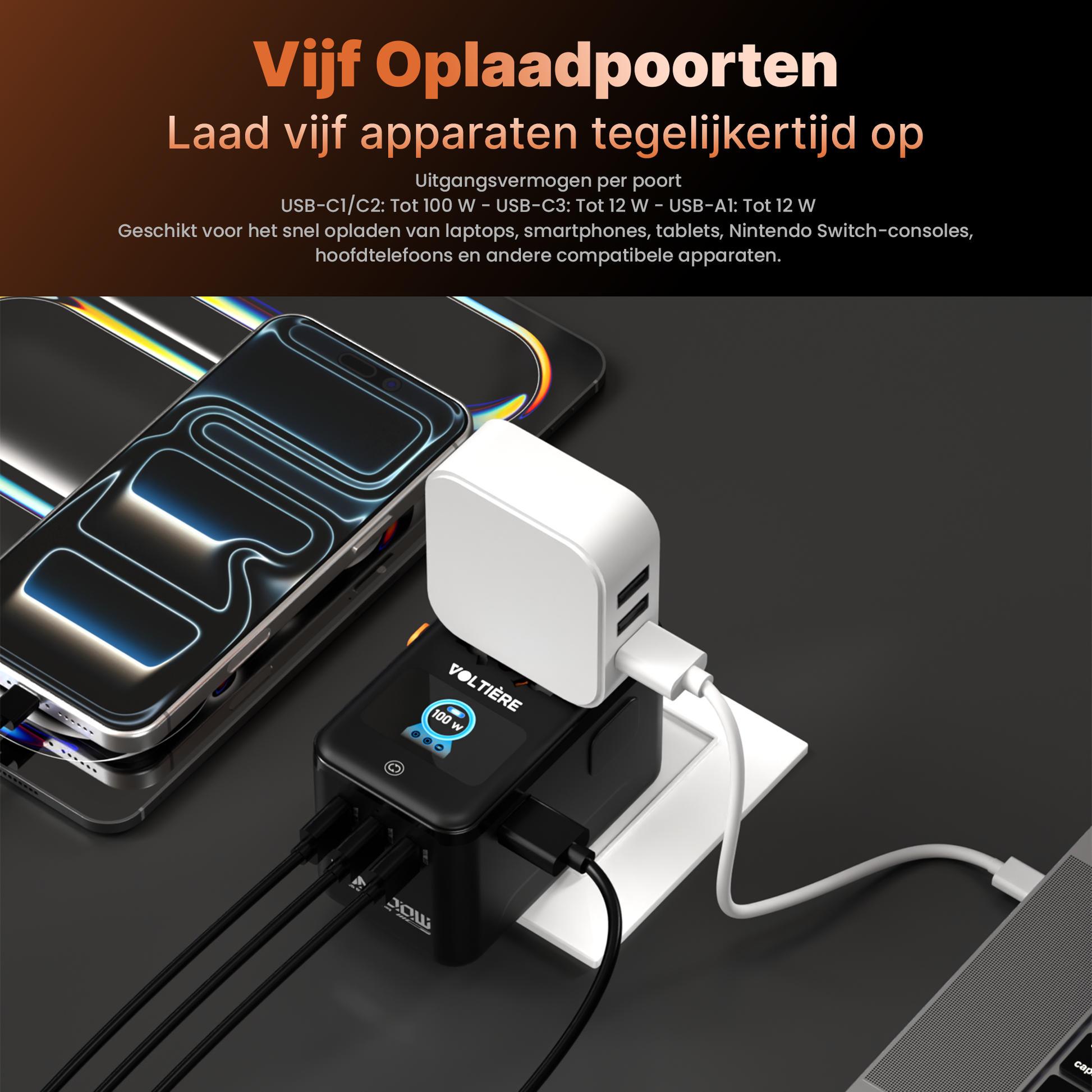 Voltière Wereldstekker 100W met Smart Display - Universele reisstekker voor 200+ Landen - Snellader voor Laptop & Telefoon - Reisstekker Wereld: Amerika (USA), Engeland (UK), Australië (AUS) & Europa (EU)