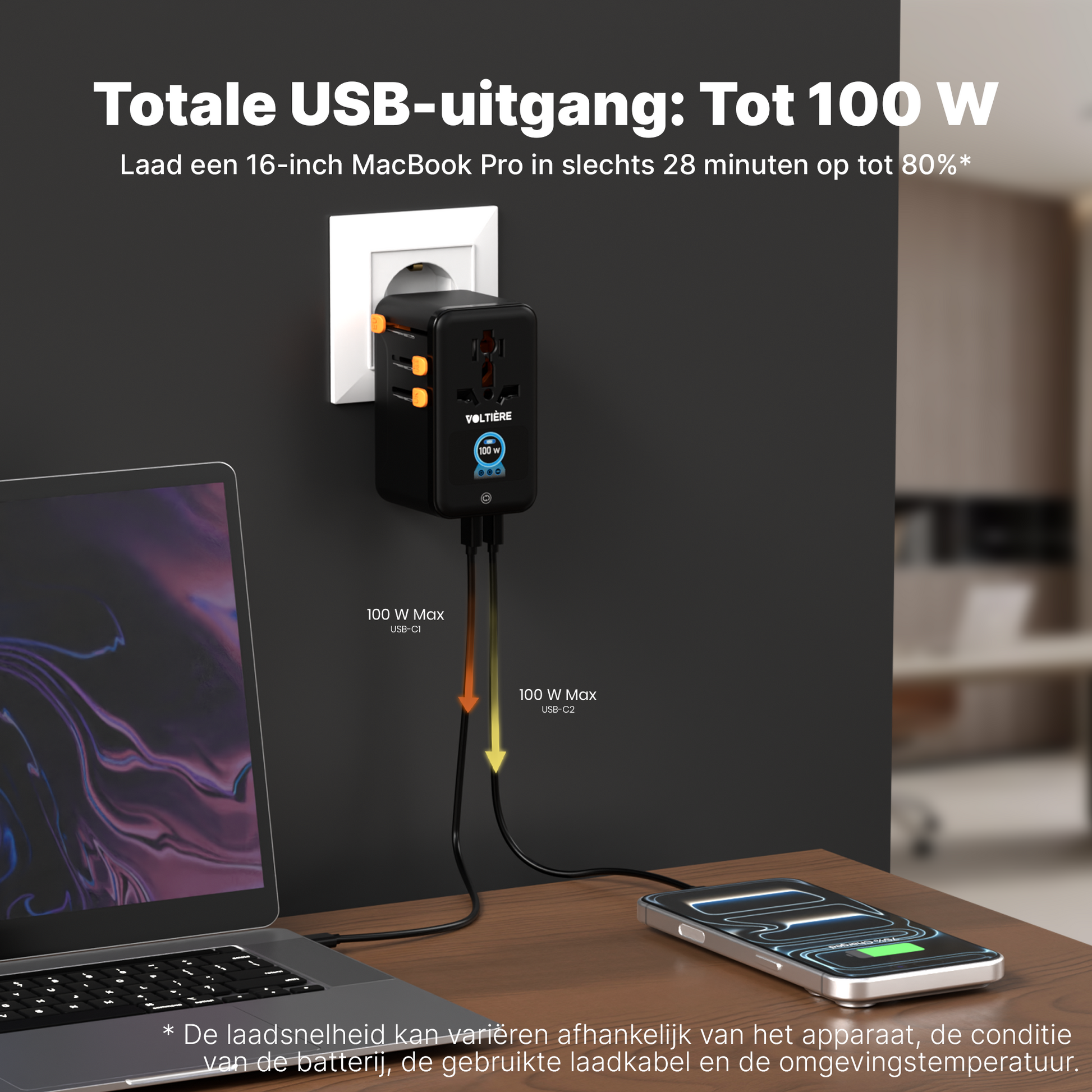 Voltière Wereldstekker 100W met Smart Display - Universele reisstekker voor 200+ Landen - Snellader voor Laptop & Telefoon - Reisstekker Wereld: Amerika (USA), Engeland (UK), Australië (AUS) & Europa (EU)