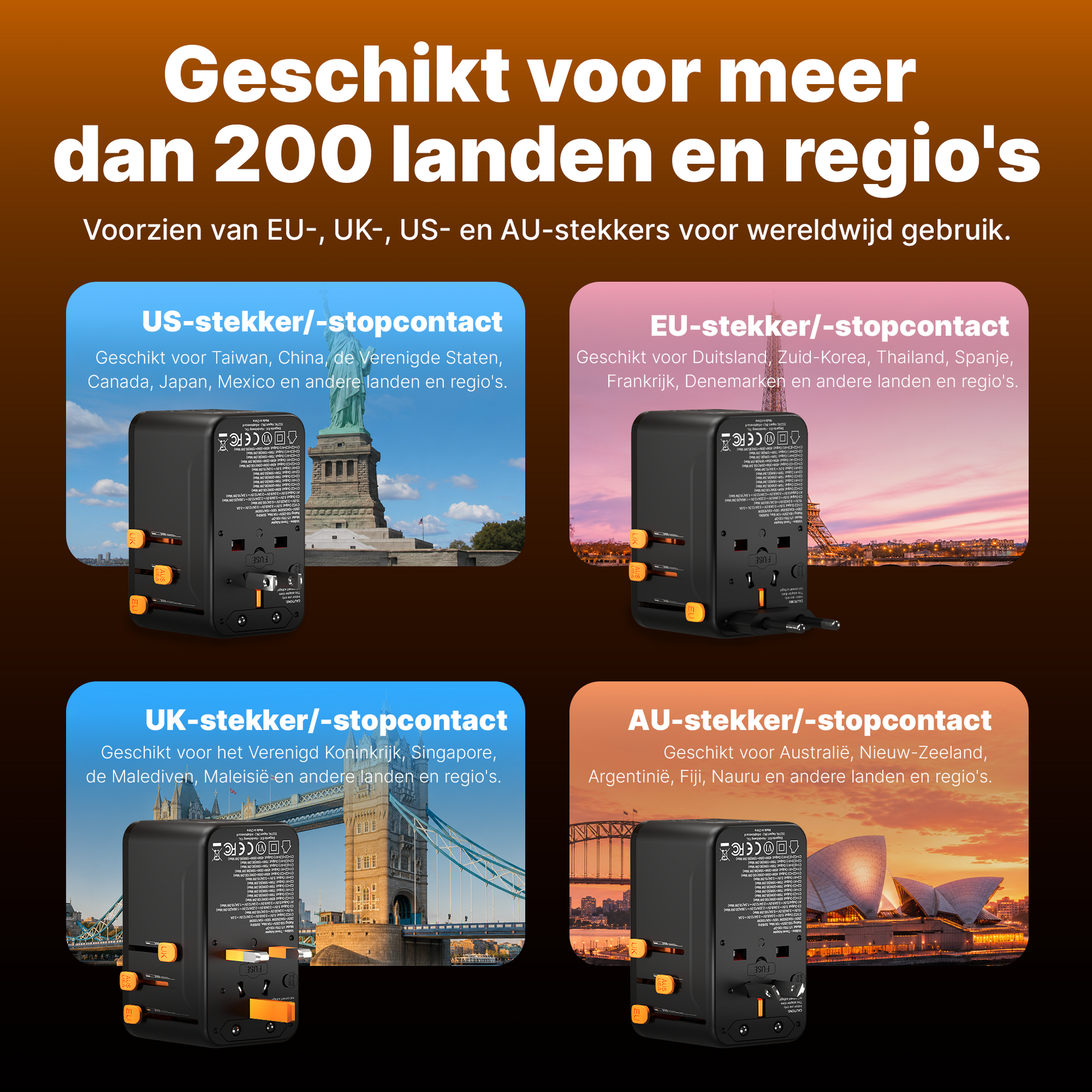Voltière Wereldstekker 100W met Smart Display - Universele reisstekker voor 200+ Landen - Snellader voor Laptop & Telefoon - Reisstekker Wereld: Amerika (USA), Engeland (UK), Australië (AUS) & Europa (EU)
