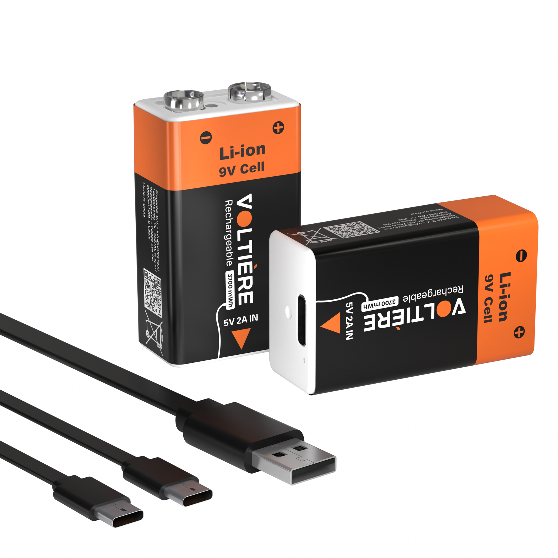 Voltière 2-Pack Oplaadbare Batterijen 9V - 3700 mWH 9 Volt Batterij met 2in1 Oplaadkabel - Li-ion USB C Batterijen