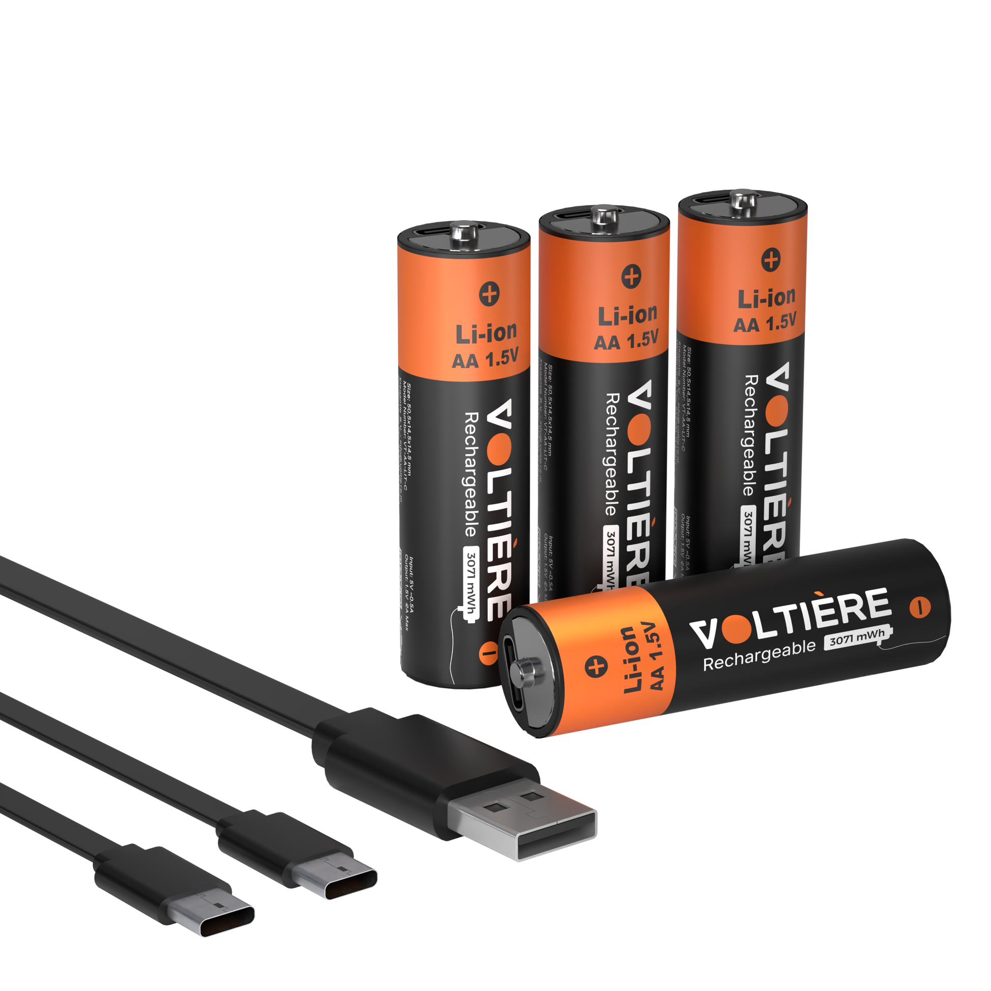 Voltière 4-Pack Oplaadbare Batterijen AA - 3071 mWH AA Batterij met 2in1 Oplaadkabel - Li-ion USB C Batterijen