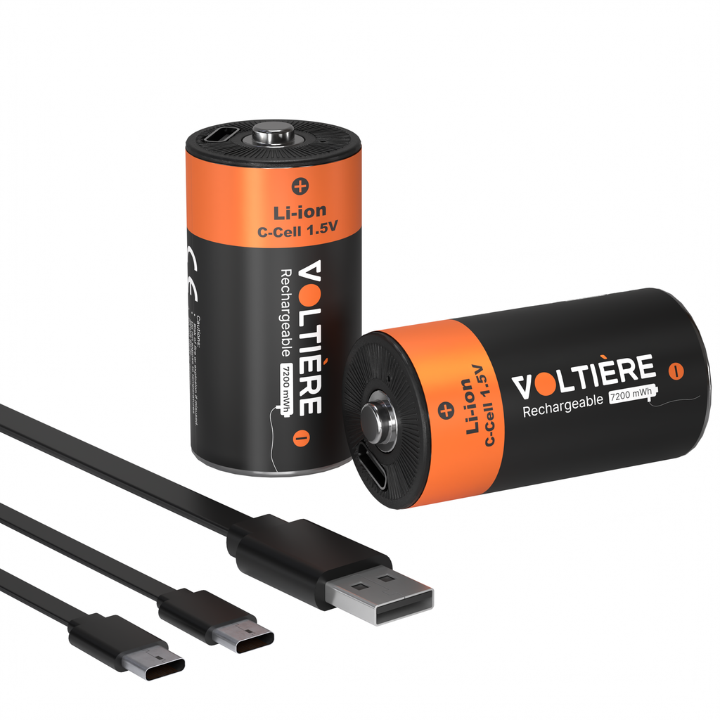 Voltière 2-Pack Oplaadbare Batterijen C - 7200 mWH C Batterij met 2in1 Oplaadkabel - Li-ion USB C Batterijen
