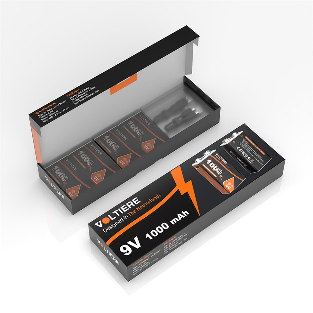 Voltière 4-Pack 9v Batterijen met USB C Oplaadpoort - 1000 mAh 9 Volt USB Batterij