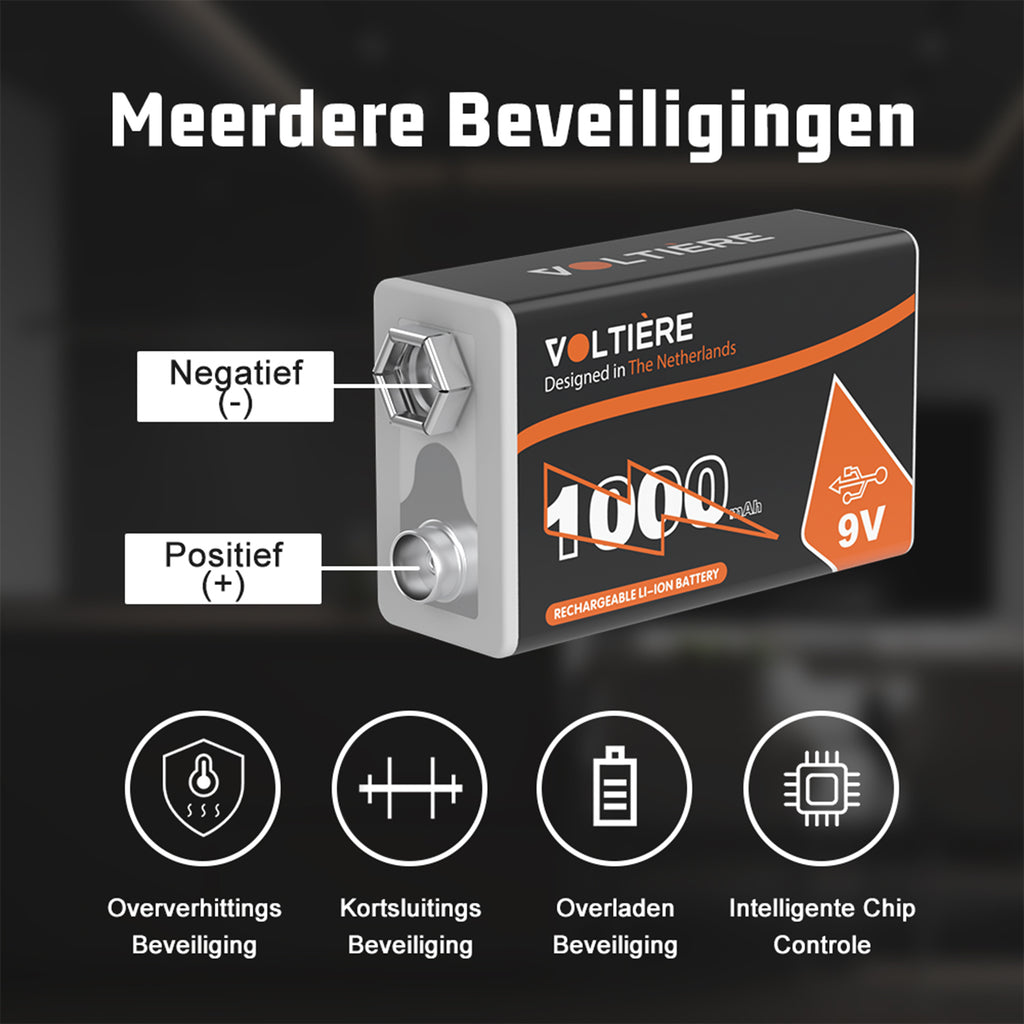 Voltière 4-Pack 9v Batterijen met USB C Oplaadpoort - 1000 mAh 9 Volt USB Batterij
