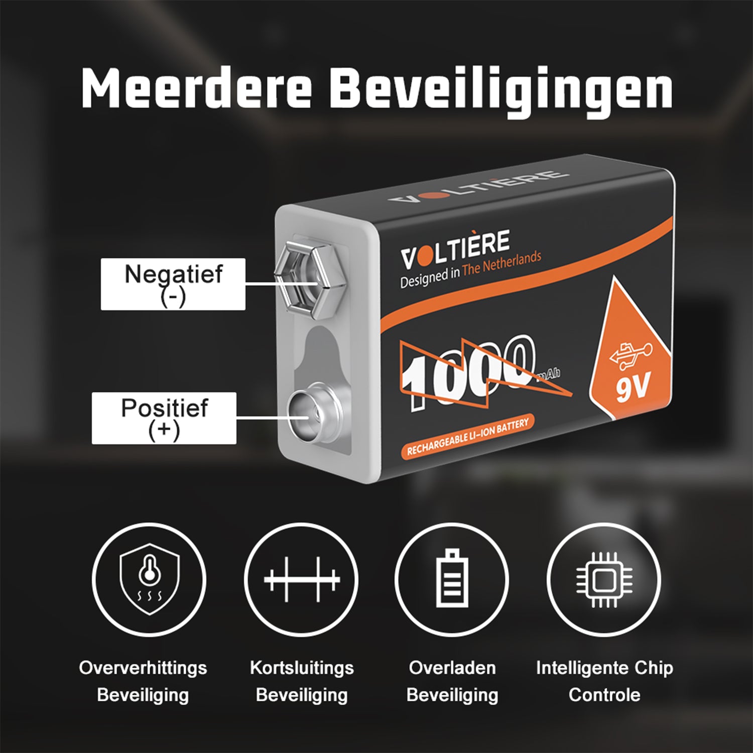 Voltière 4-Pack 9v Batterijen met USB C Oplaadpoort - 1000 mAh 9 Volt USB Batterij