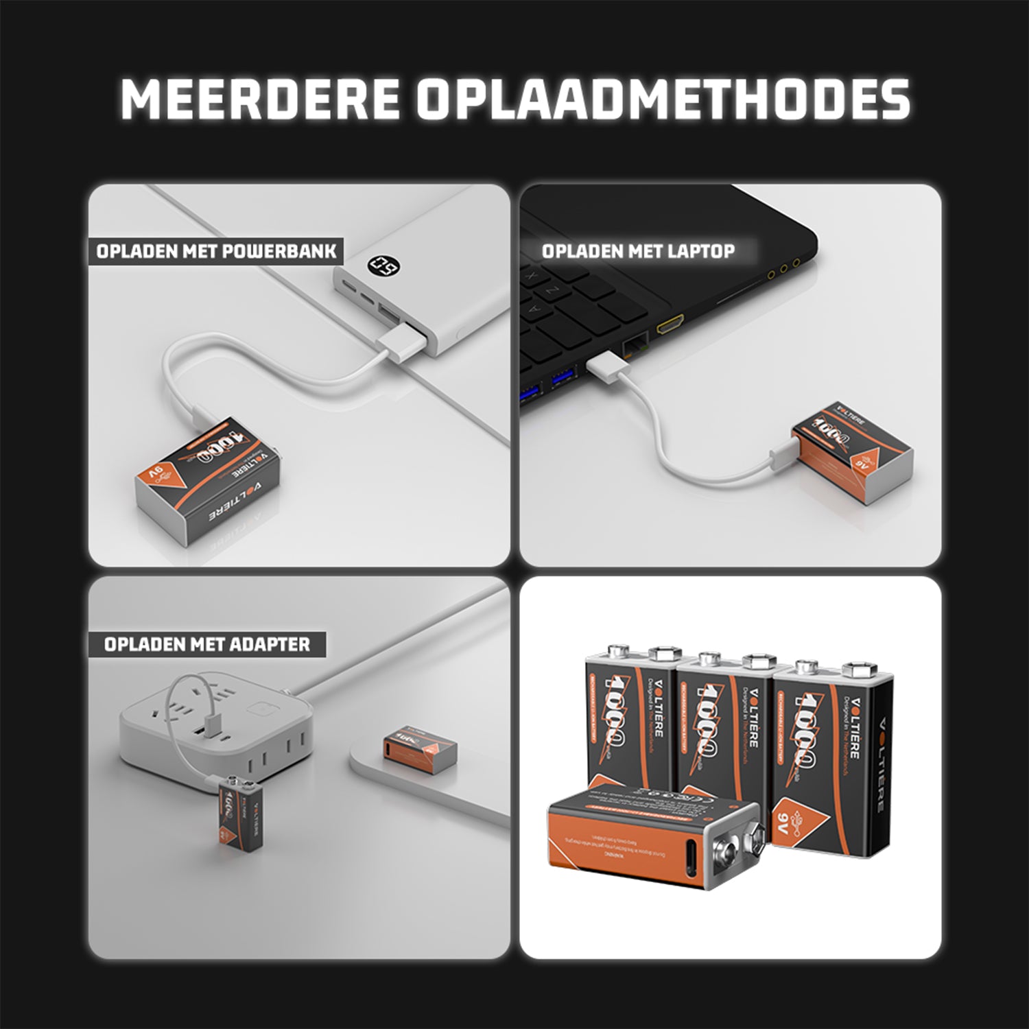 Voltière 4-Pack 9v Batterijen met USB C Oplaadpoort - 1000 mAh 9 Volt USB Batterij