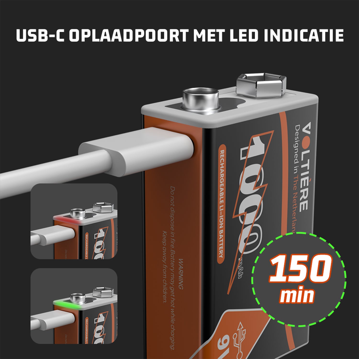 Voltière 4-Pack 9v Batterijen met USB C Oplaadpoort - 1000 mAh 9 Volt USB Batterij