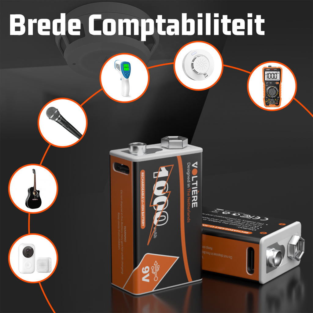 Voltière 4-Pack 9v Batterijen met USB C Oplaadpoort - 1000 mAh 9 Volt USB Batterij